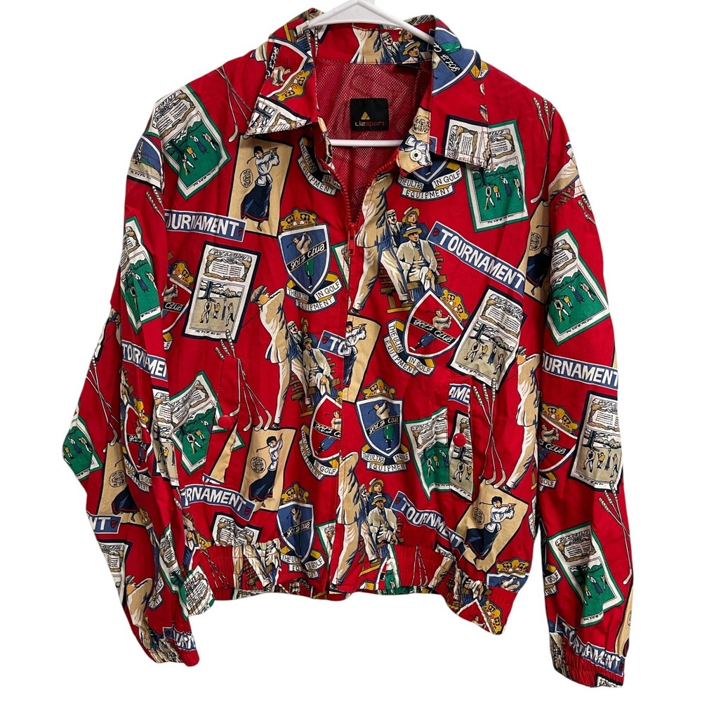 Vintage 90s Liz Sport Novelty Golf Print Cotton Jacket Mesh Lined Dadcore Preppy